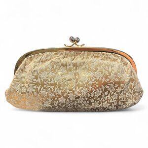 Vtg Gold Brocade Evening Clutch Kiss Lock Purse Red‎ Lining Classic Formal Bag